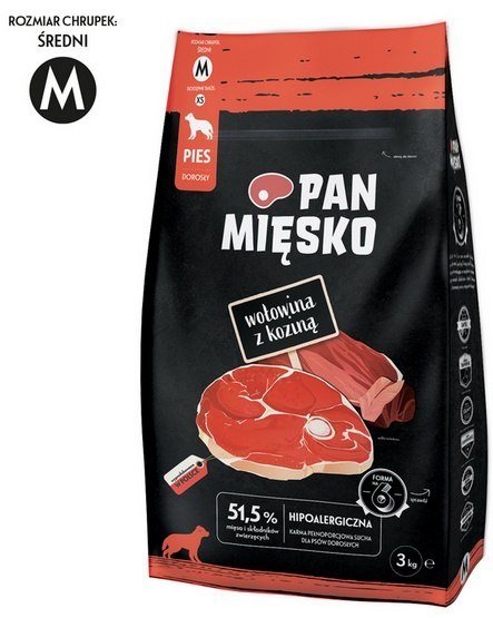 Pan Mięsko Karma sucha dla psa - wołowina i kozina chrupki M 3kg